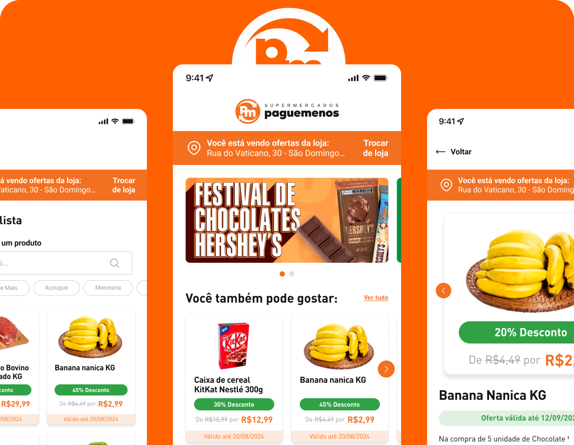 Mobile UI screens of the Pague Menos app displaying digital offers, promotions, and grocery items