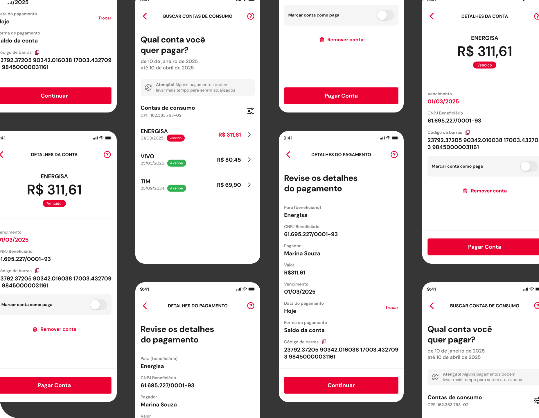 Mobile UI mockups of the iFood Utilities feature asking 'Which bill do you want to pay?' with utility category options