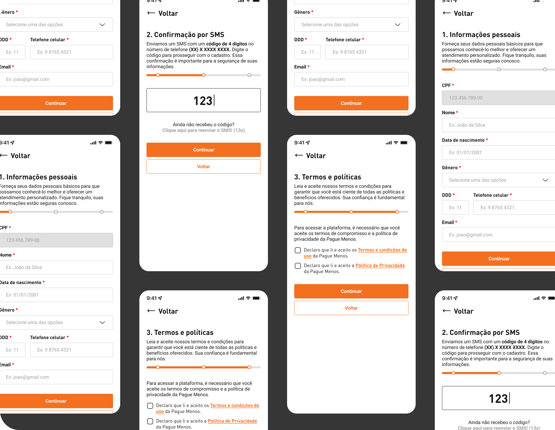Mobile UI mockups of the Pague Menos app user onboarding and authentication flow screens, showing personal details registration and SMS code verification
