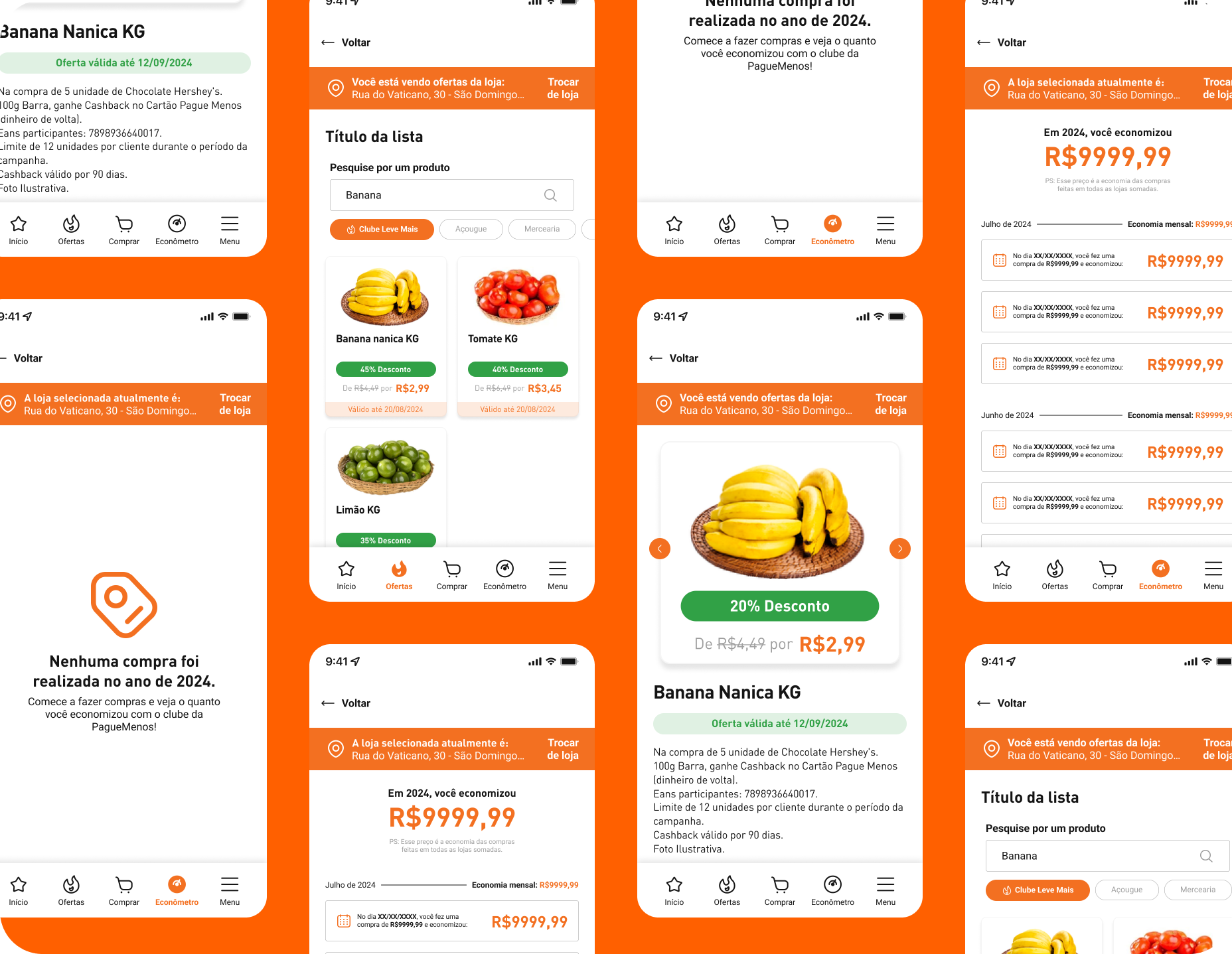 Mobile UI mockups showing the Pague Menos app Savings Tracker (Econometro) empty state and a categorized product search list