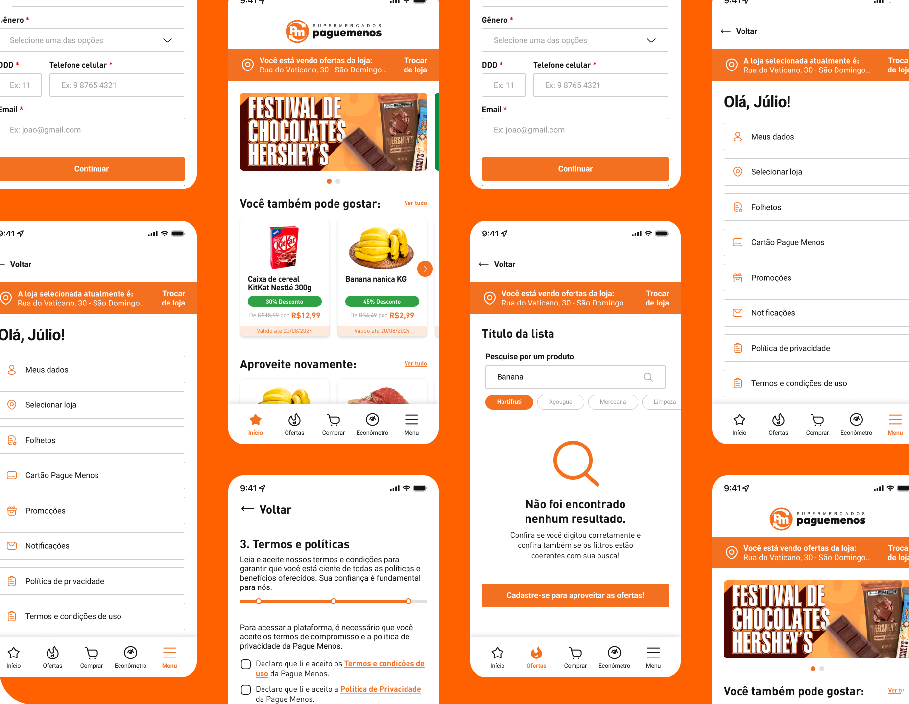 Mobile UI mockups showing the Pague Menos app sidebar navigation menu with user greeting 'Olá, Júlio!' and an empty search results state