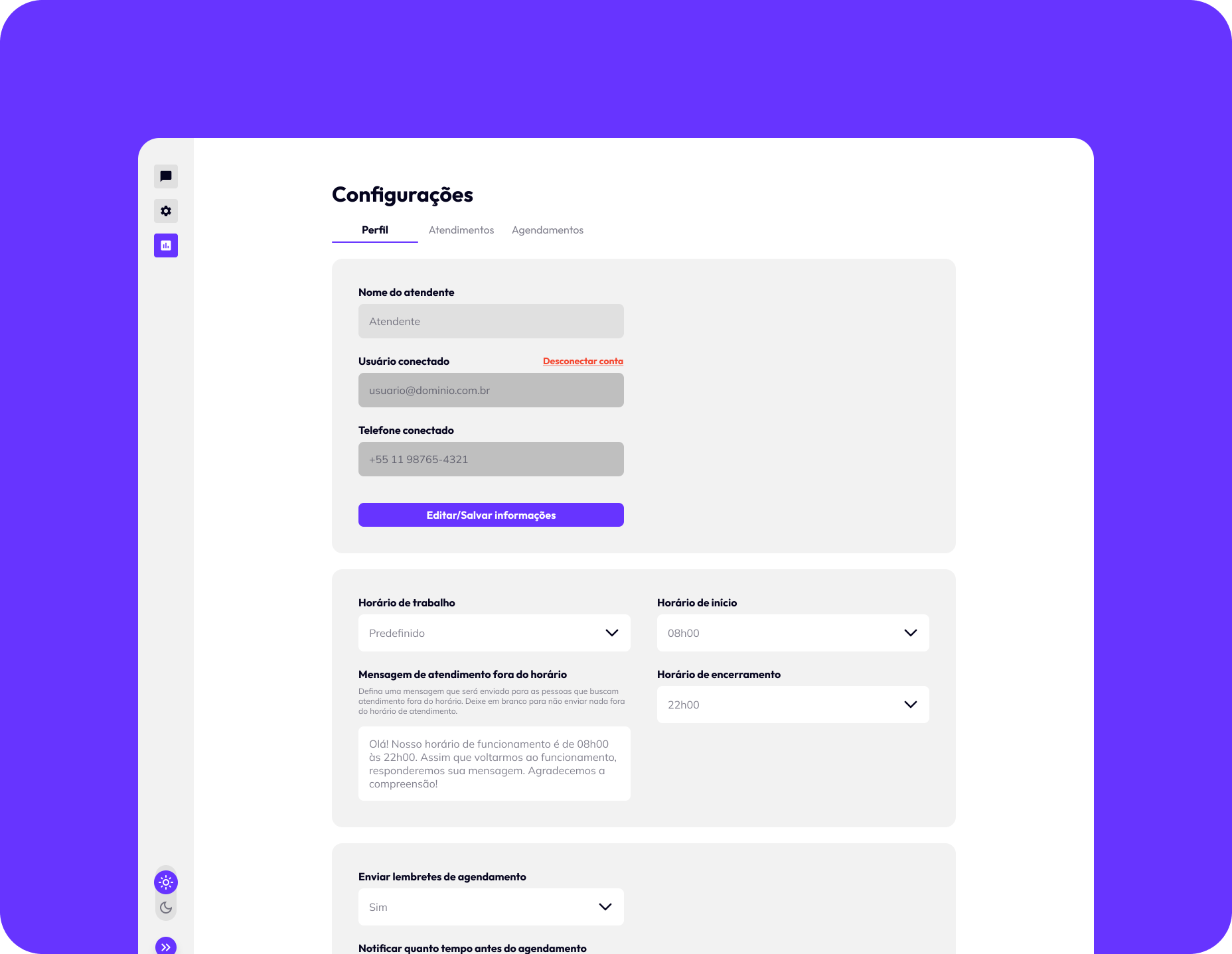 Light mode dashboard settings page featuring attendant profile forms, business working hours configuration, and custom automated message templates