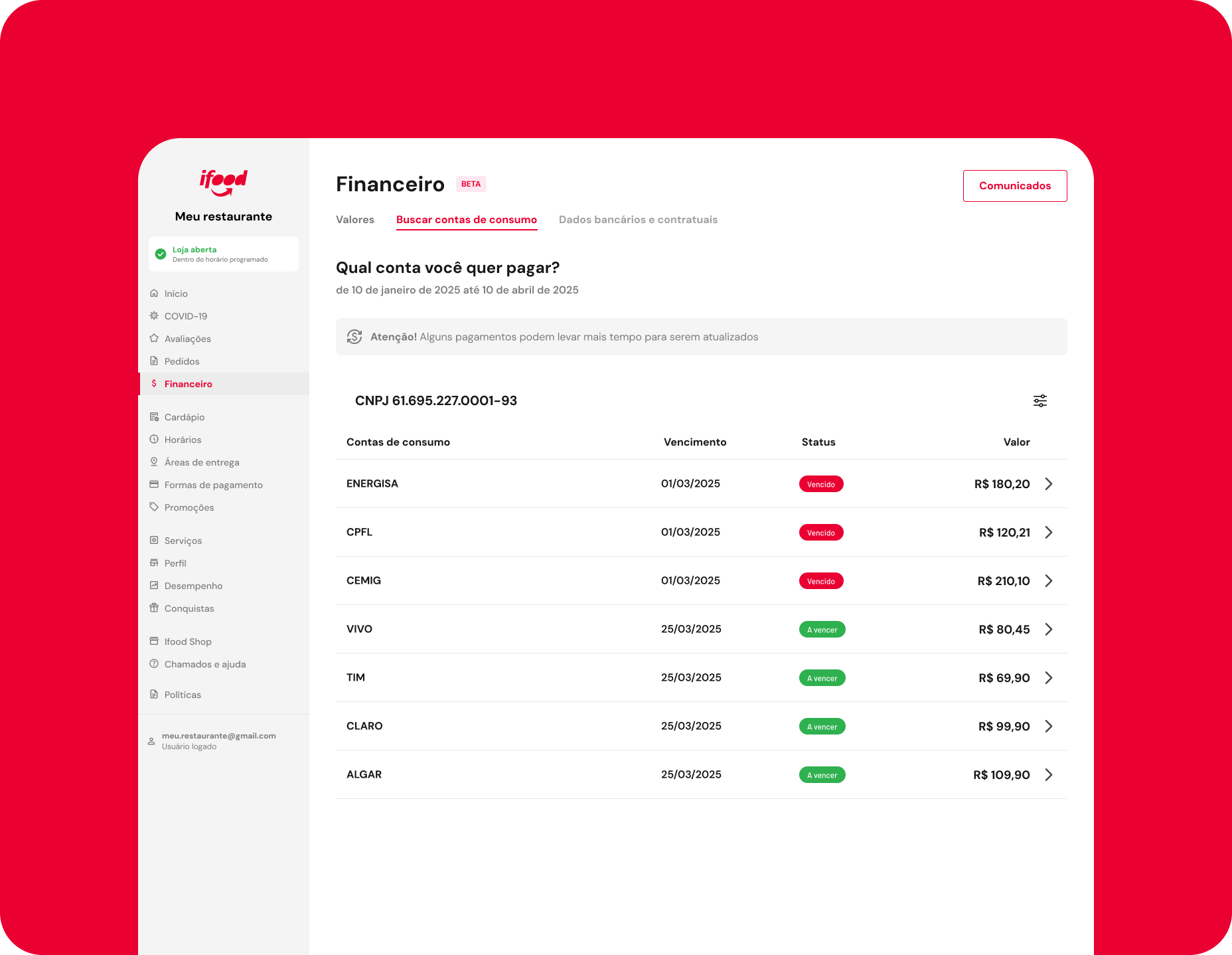 Desktop UI screenshot of the iFood Partner Portal utility bill search and listing page