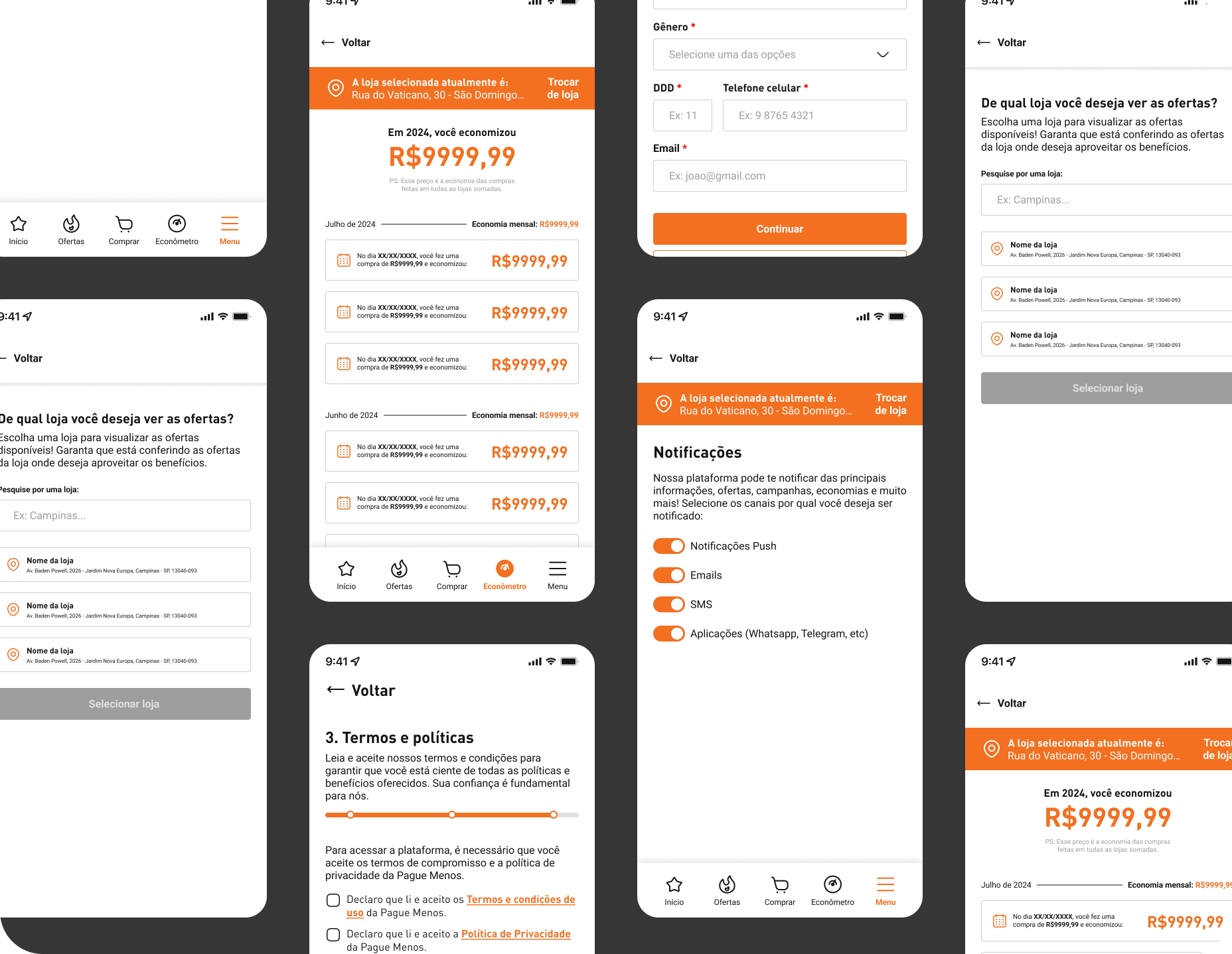 Mobile UI mockups showing the store selection map view and push notifications configuration settings in the Pague Menos app