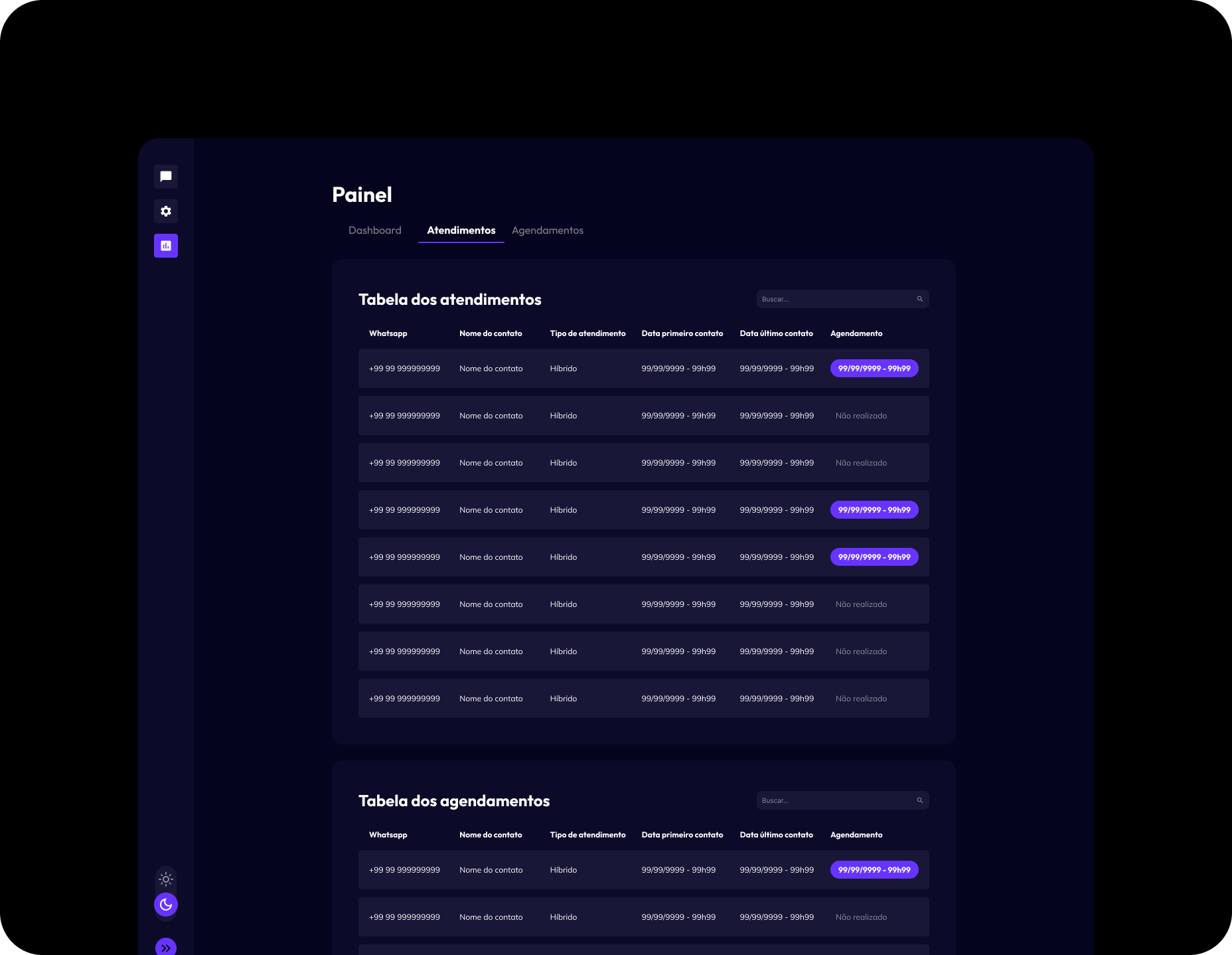 Dark mode dashboard showing detailed tabular logs of customer attendances and automatic appointment bookings